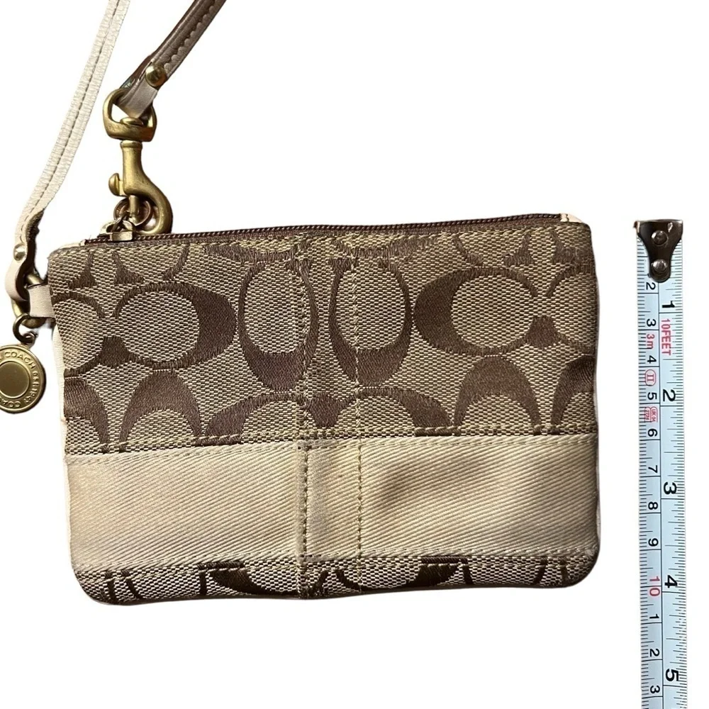 COACH 40028 Legacy Stripe Khaki & Champagne Tan Signature & Leather Wristlet